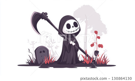 illustration graveyard tombstones grasses stylized reaper setting depicted illustration graveyard tombstones grasses stylized reaper setting depicted 130864130