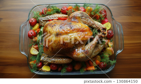 view glass dish vegetables topdown turkey baking containing 130864150