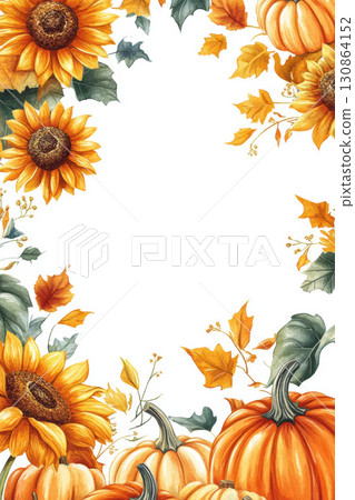 watercolor illustration sunflower background autumn leaves set white 130864152
