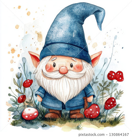 watercolor illustration garden hat meadow flowers foliage gnome watercolor illustration garden hat meadow flowers foliage gnome 130864167