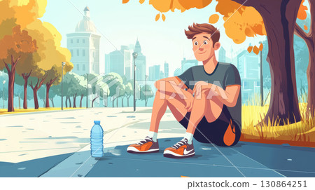 illustration man cityscape background sneakers tshirt orange sitting 130864251