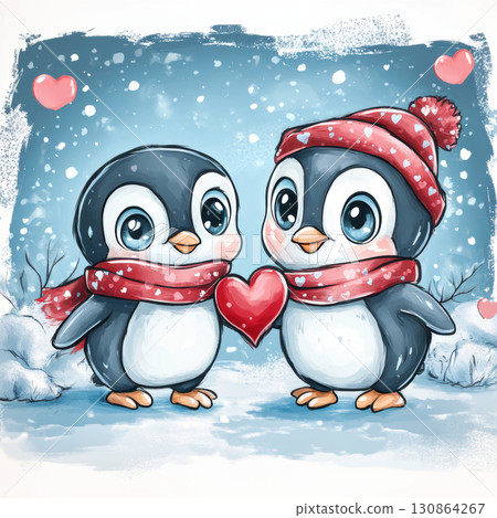 cartoon winter snowflakes hearts penguin setting cute general 130864267