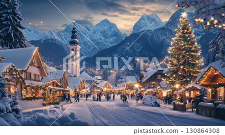 photograph town church steeple background christmasthemed snowcovered square 130864308
