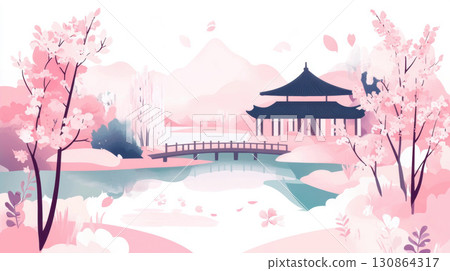 illustration landscape cherry blossom trees color atmosphere chinese 130864317