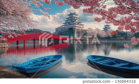 portrayal seascape cherry blossom trees bridge japanese castle 130864318