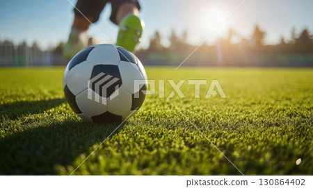soccer ball grassy field sunset background closeup shot soccer ball grassy field sunset background closeup shot 130864402