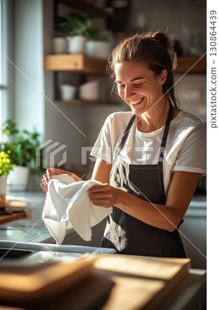 woman shirt wipes hands kitchen apron cloth laughing 130864439