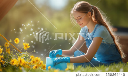 woman overalls gloves grass legs hands knees engaged 130864440