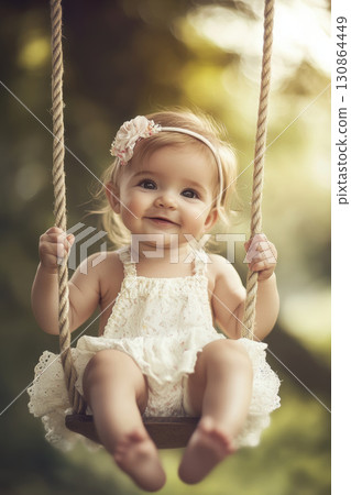 portrait child swing lace dress flower hair seated 130864449