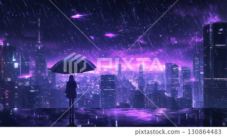 figure cityscape night lights skyscrapers purple atmosphere digital 130864483