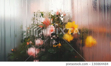 window water droplets view flowers closeup bouquet revealing 130864484