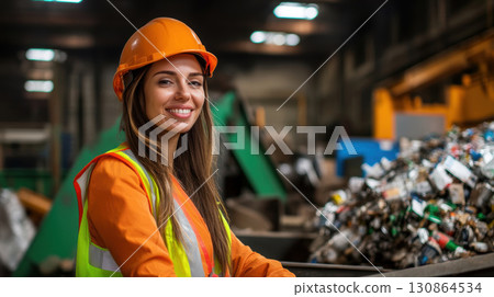 woman safety hat warehouse shirt orange vest green 130864534