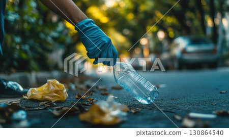 persons arm hand gloves plastic bottle background trees 130864540