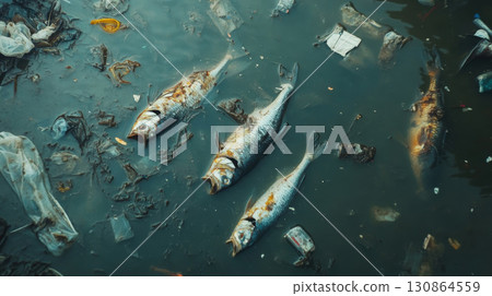 aerial view water fish plastic wastefish polluted general 130864559