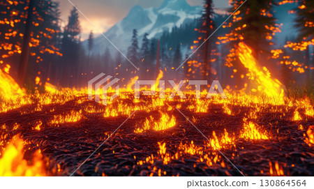 portrayal forest flames mountain range background fires hues 130864564