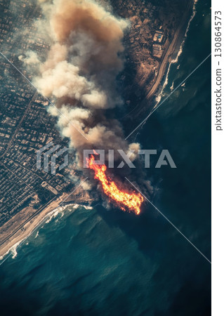aerial view area fire waters plume smoke rising aerial view area fire waters plume smoke rising 130864573