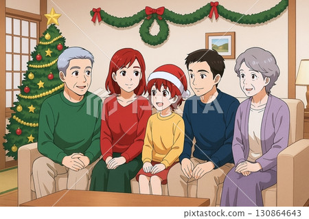 An anime-style illustration of a three-generation family enjoying Christmas together 130864643