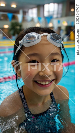 Girl in a swimsuit swimming in the pool Girl in a swimsuit swimming in the pool 130864707