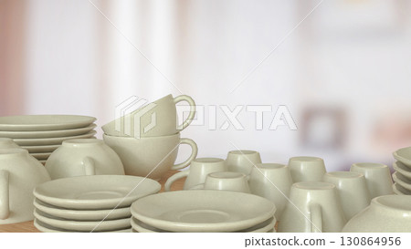 The Ceramic kitchen ware on wood table for food concept 3d Rendering. The Ceramic kitchen ware on wood table for food concept 3d Rendering. 130864956
