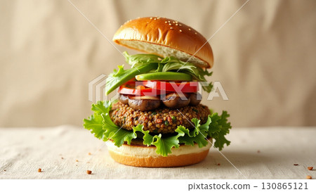 Delicious and Healthy Lentil Burger with Fresh Vegetables and Ingredients Still Life 130865121