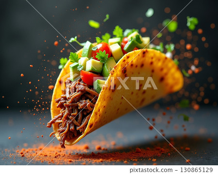 Appetizing Close Up Taco with Beef and Fresh Vegetables Cuisine 130865129