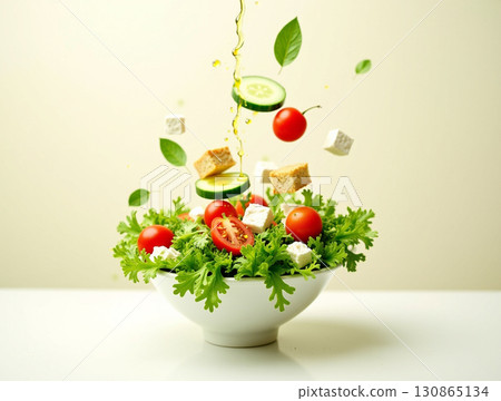 Fresh Delicious Salad Bowl with Falling Ingredients for Healthy Diet Fresh Delicious Salad Bowl with Falling Ingredients for Healthy Diet 130865134