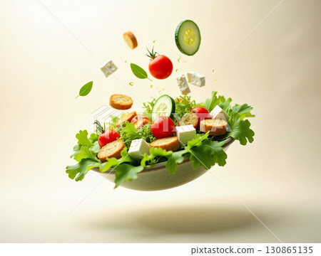 Creative Fresh Vegetable Salad with Feta Cheese and Croutons Still Life 130865135
