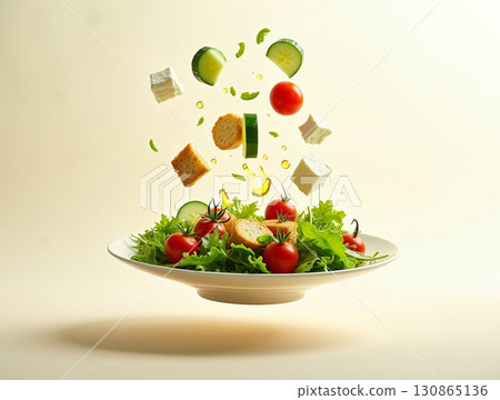 Creative Still Life Flying Salad with Fresh Vegetables on White Background 130865136