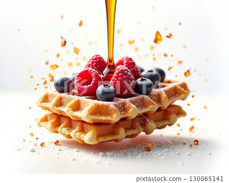 Delicious Waffles Stacked with Fresh Berries and Sweet Syrup Food 130865141