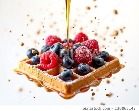 Delicious Fresh Waffle with Berries and Maple Syrup Breakfast Treat 130865142