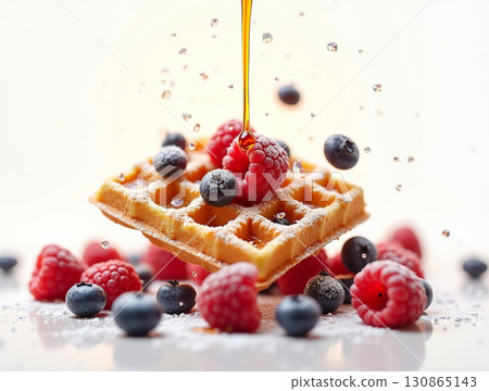 Delicious Waffle with Berries and Syrup Drizzle Food Still Life 130865143