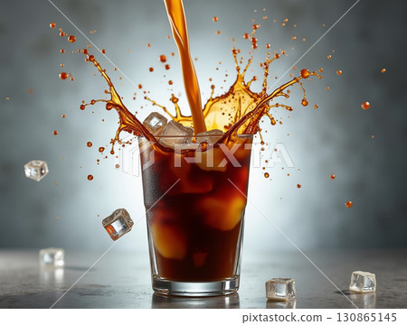 Refreshing Pouring Glass of Ice Coffee Splashing Liquid Concept Refreshing Pouring Glass of Ice Coffee Splashing Liquid Concept 130865145