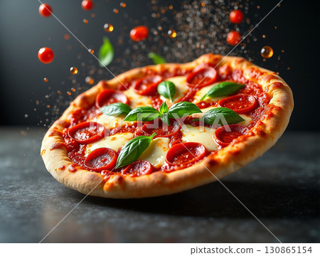 Appetizing Close up of Fresh Baked Pepperoni Pizza with Basil Appetizing Close up of Fresh Baked Pepperoni Pizza with Basil 130865154