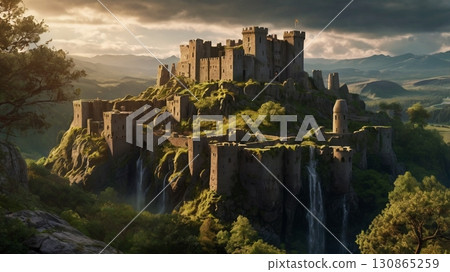 數位藝術描繪了一座神秘的古老城堡，聳立在人類從未見過的壯麗景觀之上，以及一個幻想世界 130865259