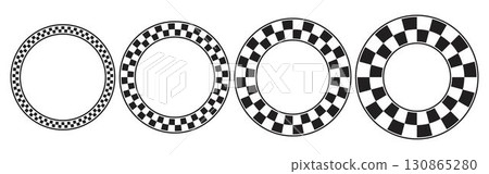 Set of round frames with black and white checkered print and border lines. Circle shaped frameworks with checkerboard, race flag or chess game plane pattern. Vector graphic illistration 130865280