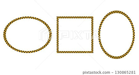 Oval and square frames with black and yellow chequered print. Vignettes with taxi checkered pattern, checkerboard, rally flag or chess game plane texture. Vector flat illistration Oval and square frames with black and yellow chequered print. Vignettes with taxi checkered pattern, checkerboard, rally flag or chess game plane texture. Vector flat illistration 130865281