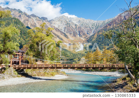 Kamikochi in autumn, Hotaka mountain range and Kappabashi, Matsumoto, Nagano Kamikochi in autumn, Hotaka mountain range and Kappabashi, Matsumoto, Nagano 130865333