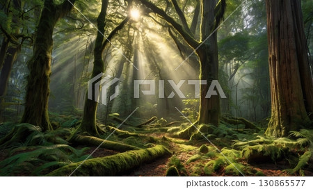The light shining through the mysterious forest creates a fantastical, sacred natural landscape 130865577