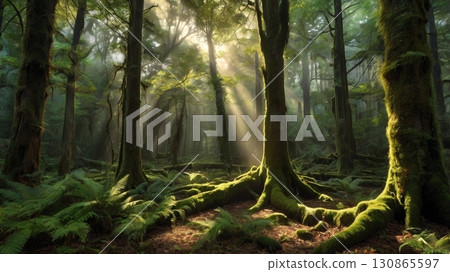 The light shining through the mysterious forest creates a fantastical, sacred natural landscape 130865597