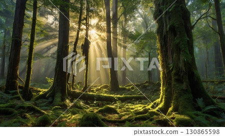 光線穿過神秘的森林，創造出奇幻而神聖的自然景觀 130865598