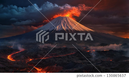 富士山噴火的奇幻景象和天空變紅的壯觀景象 富士山噴火的奇幻景象和天空變紅的壯觀景象 130865637