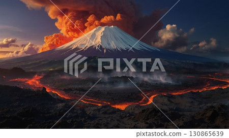 A spectacular view of the fantastical fire-breathing eruption of Mount Fuji and the sky turning red 130865639