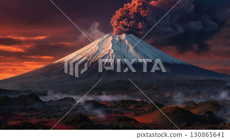 富士山噴火的奇幻景象和天空變紅的壯觀景象 富士山噴火的奇幻景象和天空變紅的壯觀景象 130865641