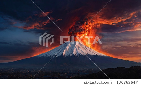 A spectacular view of the fantastical fire-breathing eruption of Mount Fuji and the sky turning red 130865647
