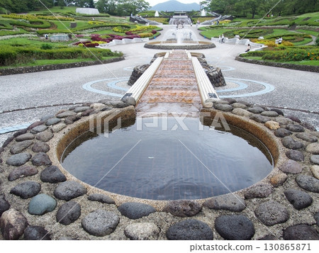 Fountain and flower beds at Michinoku Mori-no-Umi National Government Park 130865871
