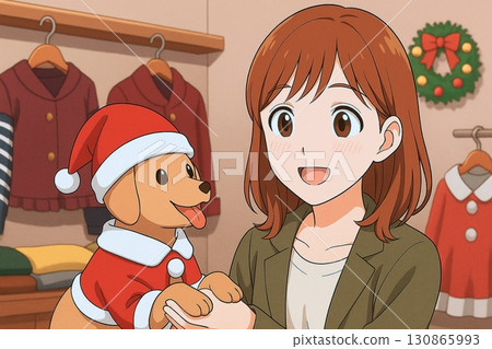 一隻狗和一位身著聖誕服裝的女士的快樂購物場景 130865993
