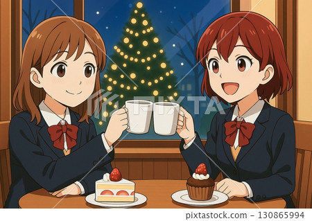 女學生以聖誕樹為背景舉杯慶祝 130865994