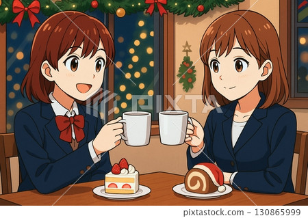 女學生們在裝飾成聖誕節的咖啡館裡舉杯慶祝 130865999