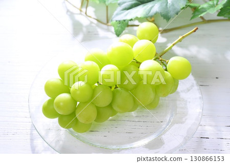 Note: The leaves in the background are artificial. Some retouching has been done. Shine Muscat grapes bathed in the morning sun. 130866153
