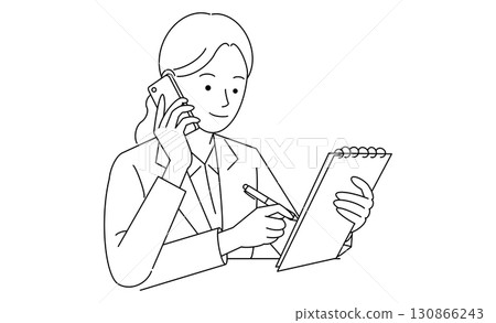 一個圖標描繪了一位習慣於同時接電話和做筆記的多任務處理的女商人 一個圖標描繪了一位習慣於同時接電話和做筆記的多任務處理的女商人 130866243